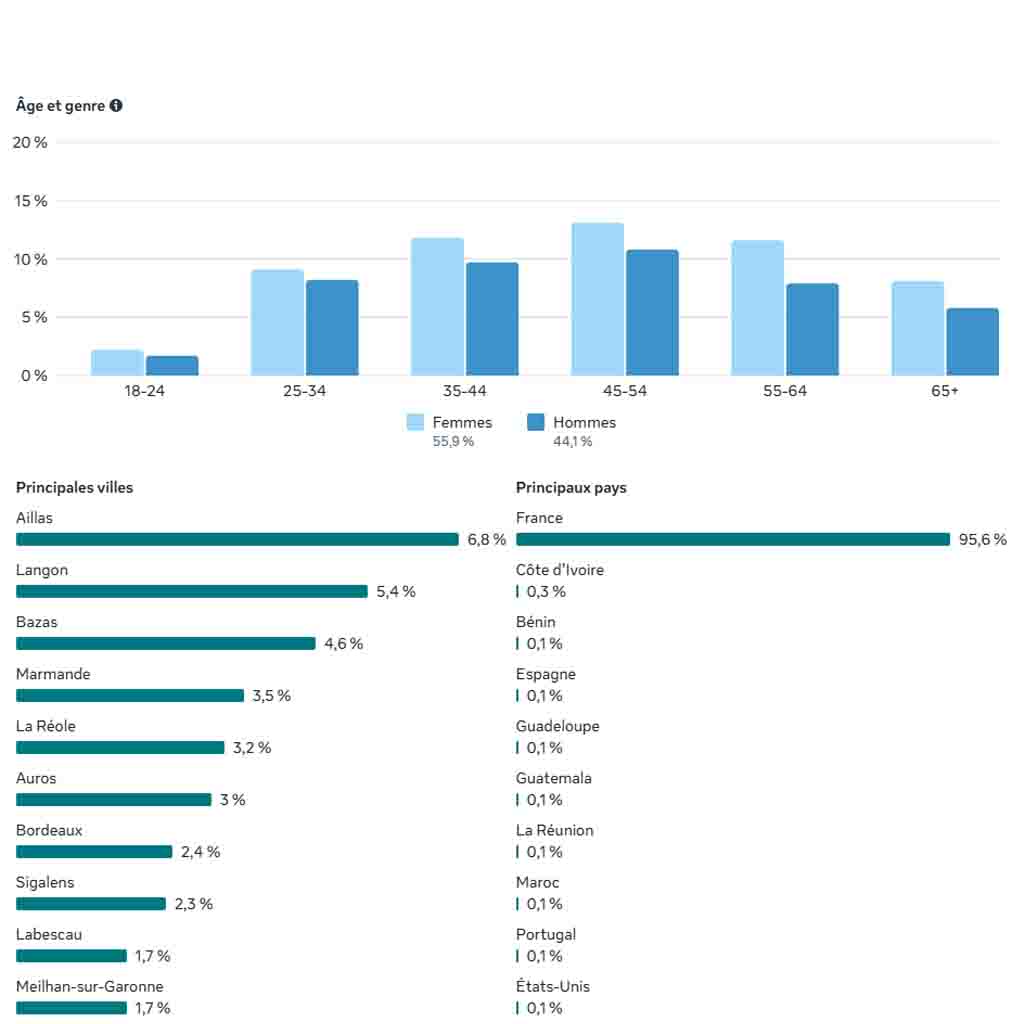 Données de performance Facebook d’un client ScopeMédia à Bordeaux montrant une audience locale ciblée autour du commerce, avec 95 % de portée en France et forte présence régionale.